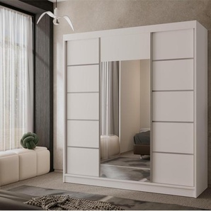 Sleephony 3-türig Garderobenschrank mit Spiegel Almeria modernes Schrank mit 4 Schubladen 200 cm Kleiderschrank mit Schiebetüren, Farbe: Weiß, Sprossenfarbe: Silber