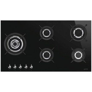Smeg Gaskochfeld Classici , Schwarz , Metall, Glas , 90x51 cm , Flächenbündiger Einbau, rahmenlos mit Facettenschliff , Grills, Gasgrills