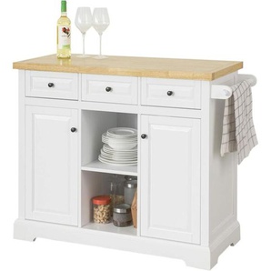 SoBuy FKW101-WN Kücheninsel mit Arbeitsplatte Küchenwagen mit 2 Türen und offenen Regalfächern Küchenschrank mit 3 Schubladen Sideboard auf Rollen