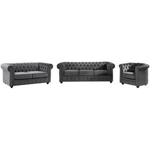 Sofa 3-Sitzer & 2-Sitzer & Sessel - Samt - Anthrazit - CHESTERFIELD