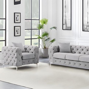 Sofa 3-Sitzer & Sessel - Hellgrau - Samt - EDWINA