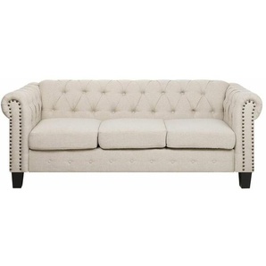 Sofa Beige Polsterbezug 3-Sitzer Chesterfield Stil Klassisch Wohnzimmer