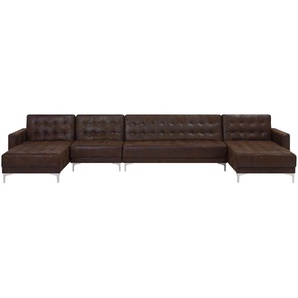 Sofa Braun Polsterbezug Lederoptik U-Förmig Wohnlandschaft Schlaffunktion Klassisch Wohnzimmer