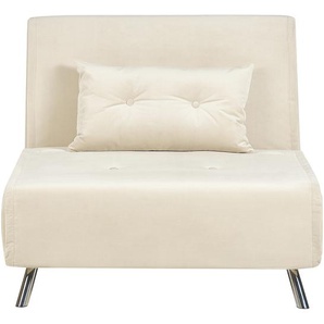 Sofa Creme Samtstoff mit Schlaffunktion 1 Dekokissen Silberne Edelstahlbeine Schlafsofa Gästebett Modern Wohnzimmer Ausstattung Möbel