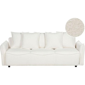 Sofa Cremeweiß Stoff Bouclé 3-Sitzer mit Schlaffunktion Stauraum Mehrere Kissen Schmale Armlehnen Modern Wohnzimmer Ausstattung Schlafsofa