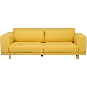 Sofa Gelb Stoffbezug 220 cm Lang 3-Sitzer mit Holzbeinen Breite Armlehnen Retro Design Wohnzimmer Ausstattung Sitzmöbel