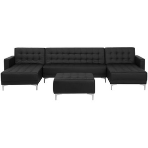 Sofa Schwarz Kunstleder U-Förmig Schalffunktion Klassisch Ottomane Wohnzimmer