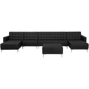 Sofa Schwarz Kunstleder U-Förmig Wohnlandschaft Schlaffunktion Klassisch Ottomane Wohnzimmer