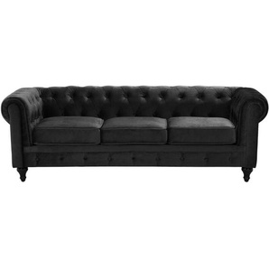 Sofa Schwarz Samtstoff 3-Sitzer Chesterfield Stil Glamourös Wohnzimmer