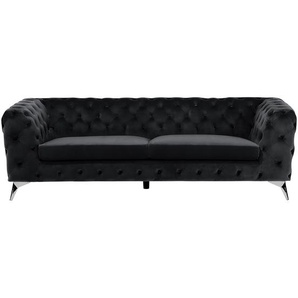 Sofa Schwarz Samtstoff 3-Sitzer Chesterfield Stil Klassisch Wohnzimmer
