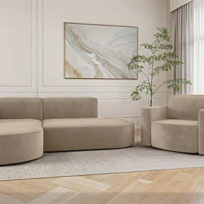 Sofa Set 2-teilig Sessel und Ecksofa PALMA XS Stoff Noel Beige Ottomane Links