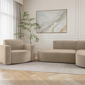 Sofa Set 2-teilig Sessel und Ecksofa PALMA XS Stoff Noel Beige Ottomane Rechts