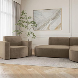 Sofa Set 2-teilig Sessel und Ecksofa PALMA XS Stoff Noel Braun Ottomane Rechts