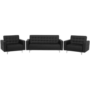 Sofa Set Schwarz Kunstleder Sitzgruppe Schlaffunktion Klassisch Wohnzimmer