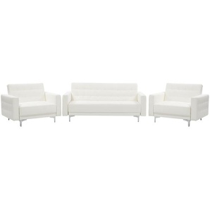 Sofa Set Weiß Kunstleder Sitzgruppe Schlaffunktion Klassisch Wohnzimmer