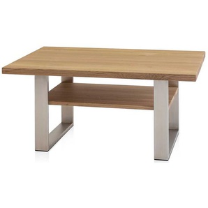 Sofa Tisch aus Wildeiche Massivholz und Edelstahl 90 cm breit