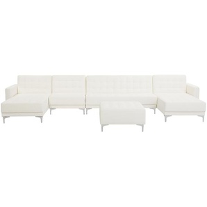 Sofa Weiß Kunstleder U-Förmig Wohnlandschaft Schlaffunktion Klassisch Ottomane Wohnzimmer