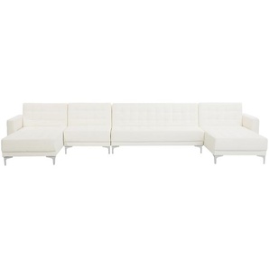 Sofa Weiß Kunstleder U-Förmig Wohnlandschaft Schlaffunktion Klassisch Wohnzimmer