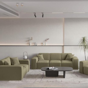 Sofaset Designersofa CELES PREMIUM 3-2-1 in Stoff Opera Velvet Olivgrün