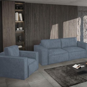 Sofaset Designersofa VAJANA 3-2-1 Stoff Tilia Azurblau