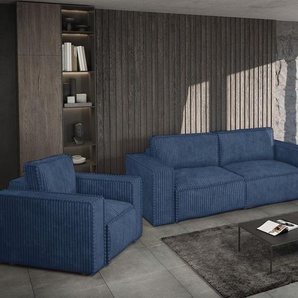 Sofaset Designersofa VAJANA 3-2-1 Stoff Tilia Dunkelblau