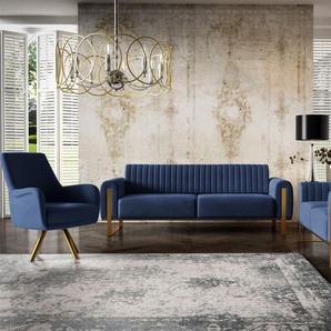 Sofaset Designersofas VALERIE 3-2-1 in Stoff Stoff Elisa Velvet Dunkelblau
