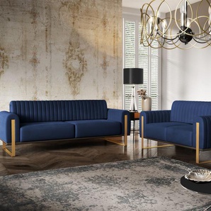 Sofaset Designersofas VALERIE 3-2 in Stoff Stoff Elisa Velvet Dunkelblau