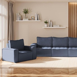 Sofaset Modulsofa-Set 6-teilig SANDE 3-2-1 Stoff Raven Blau