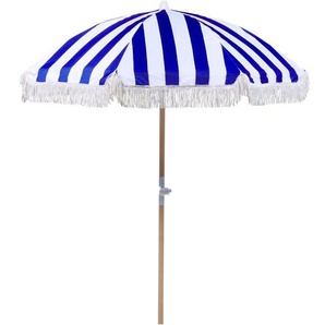 Sonnenschirm Blau Stoff-Bespannung Rund ⌀ 150 cm mit Volant Regenschutz Holzmast Neigungsfunktion Kurbel Boho Garten Outdoor Balkon Terrasse