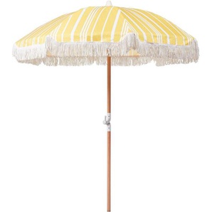 Sonnenschirm Gelb Stoff-Bespannung Rund ⌀ 150 cm mit Volant Regenschutz Holzmast Neigungsfunktion Kurbel Boho Garten Outdoor Balkon Terrasse