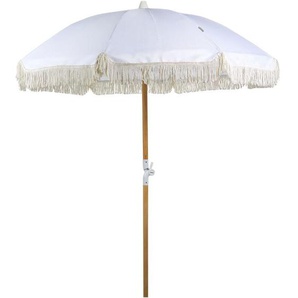 Sonnenschirm Weiß Stoff-Bespannung Rund ⌀ 150 cm mit Volant Regenschutz Holzmast Neigungsfunktion Kurbel Boho Garten Outdoor Balkon Terrasse