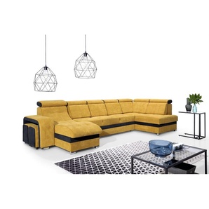 Sonstige Verlage Robin Milan Ecksofa mit Schlaffunktion 2X Bettkasten 7X Kopfstützen 2X Hocker Sofa L-Form Schlafsofa Freistehende Eckcouch Schlafcouch Wohnzimmermöbel Wohnlandschaft Rechts Schwarz Senfgelb