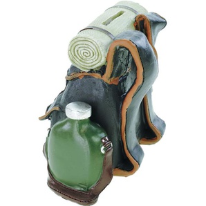 Spardose Rucksack braun 16 cm Polyresin Sparschwein wandern Urlaub Berg