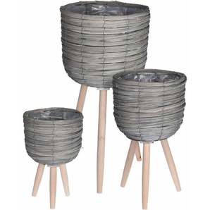 Spetebo - 3er Set Rattan Blumenständer grau - ø 30 cm / 25 cm / 21 cm - Pflanztopf auf Holz Beinen direkt bepflanzbar - Blumen Topf Pflanz Kübel