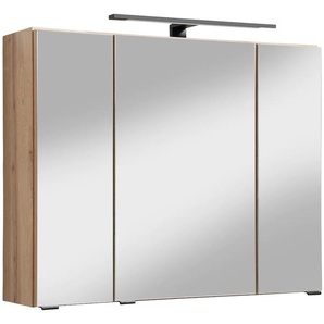 Spiegelschrank HELD MÖBEL Trento Schränke Gr. B/H/T: 80 cm x 64 cm x 20 cm, 3 St., braun (eiche) Bad-Spiegelschränke Breite 80 cm, mit 3D-Effekt, Spiegeltüren, Inklusive LED-Beleuchtung