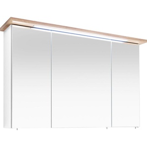 Spiegelschrank PELIPAL Quickset 923 Schränke Gr. B/H/T: 115 cm x 72 cm x 20 cm, 3 St., weiß (weiß glanz, riviera eiche) Spiegelschrank Spiegelschränke mit Beleuchtung Schränke Breite 115 cm, 3-türig, eingelassene LED-Beleuchtung, Steckdosenbox