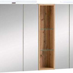 Spiegelschrank SCHILDMEYER Duo made in Germany, braun (eiche landhausfarben), B:141,6cm H:75,0cm T:16,0cm, FSC-zertifizierter Holzwerkstoff, Schränke, Breite 141,6 cm, 4-türig, 2x LED-Beleuchtung, Schalter-/Steckdosenbox, Topseller