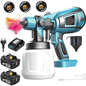 Spritzpistole, 1000ml HVLP Akku Spritzpistole, Airless Spritzpistole+2 5.5Ah Batterien+Schnellladegerät kompatibel mit Makita Batterien