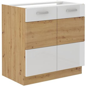 Spülenschrank 80 cm Eiche Artisan + Weiß Hochglanz Küchenzeile Küchenblock Küche