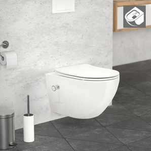 Spülrandloses Wand Hänge Dusch wc Weiß lang aus Keramik mit Bidet-Funktion, Wand wc mit WC-Sitz Soft-Close Absenkautomatik Toilettensitz Duroplast