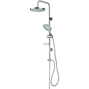 Stangenbrause-Set WELLTIME Lina Brausegarnituren silberfarben (chromfarben, rund) Duschbrausen Überkopfbrause mit Seifenablage,Überkopfbrauseset 20cm Durchmesser