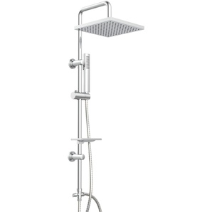 Stangenbrause-Set WELLTIME Lina Brausegarnituren silberfarben (chromfarben, eckig) Duschbrausen Überkopfbrause mit Seifenablage,Überkopfbrauseset 20cm Durchmesser