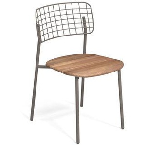 Stapelbarer Stuhl Lyze metall beige holz natur / Sitzfläche Teakholz - Emu - Holz natur