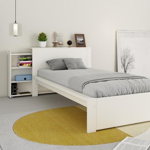 Stauraumbett HOME AFFAIRE Pitra Betten Gr. Ohne Bettschubkasten, Liegefläche B/L: 90 cm x 200 cm Höhe: 77,3 cm, kein Härtegrad, weiß Stauraumbetten Futonbett, mit ausziehbaren Regalen im Kopfteil, Massivholz MDF