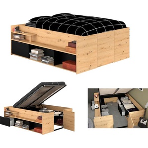 Stauraumbett PARISOT Travel, maximaler Stauraum, wie ein begehbarer Kleiderschrank, braun (artisan eiche), B:166cm H:66,5cm L:205cm, Betten, Ablageflächen, hydraulischer Bettkasten mit Regalen, Schublade, Tür