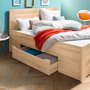 Stauraumbett RAUCH Isotta Betten Gr. Liegefläche B/L: 160 cm x 200 cm, kein Härtegrad, braun (struktureichefarben hell) Stauraumbetten mit 2 großen und 4 kleinen Schubkästen
