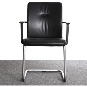 Steelcase Stuhl, Freischwinger, Kunstleder schwarz, Zierknopf im Rücken, Gestell silber, gebraucht