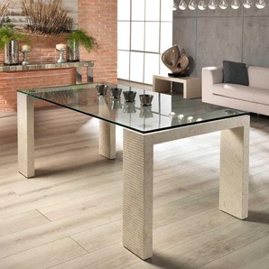 Stein Esstisch in Creme Glasplatte
