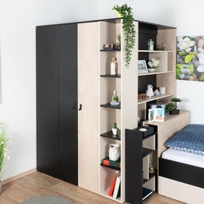 Steiner Shopping Jugendzimmer - Drehtürenschrank / Eckkleiderschrank Aalst 01, Farbe: Eiche / Creme / Schwarz - Abmessungen: 190 x 135 x 135 cm (H x B x T)