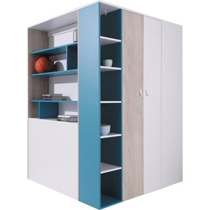 Steiner Shopping Jugendzimmer - Eckkleiderschrank, Farbe: Eiche / Weiß / Blau - Abmessungen: 190 x 135 x 135 cm (H x B x T)